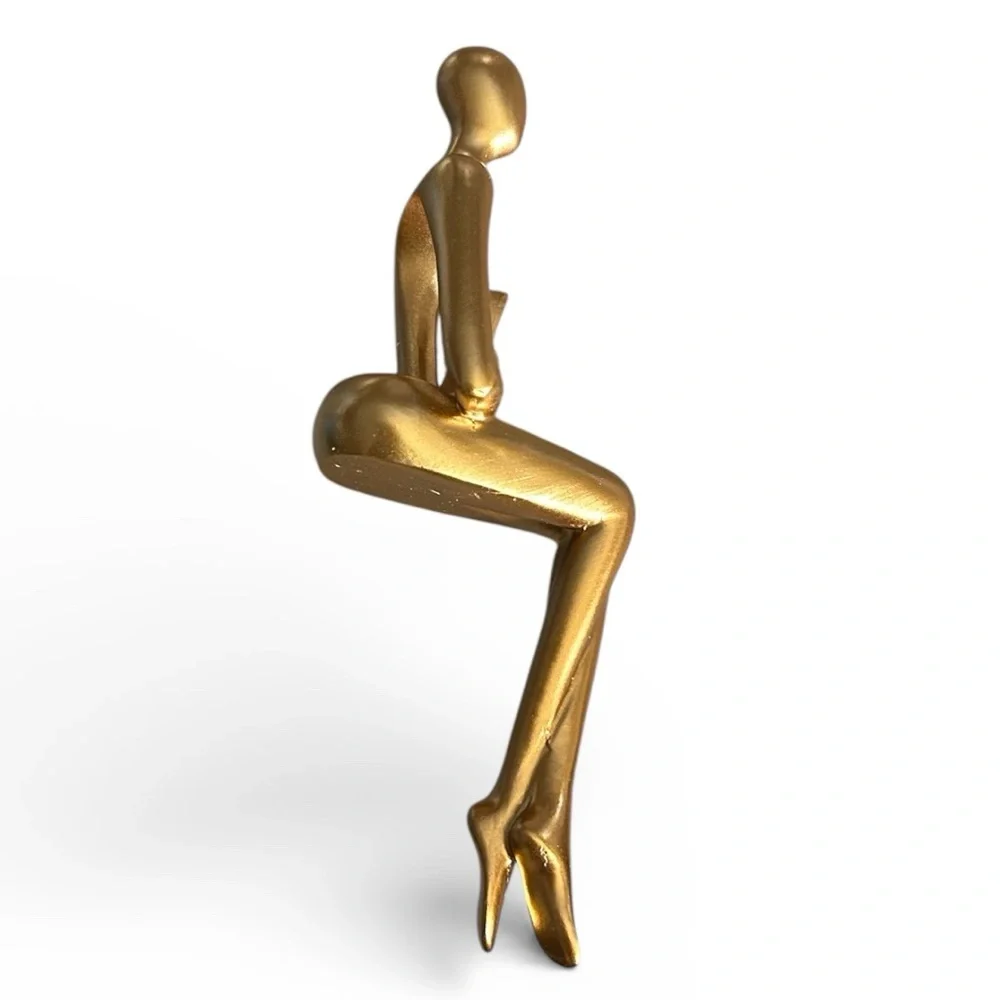 Abstract Modern Statue Figurine Gold Tone Shelf Sitter Woman Reader Holding Book